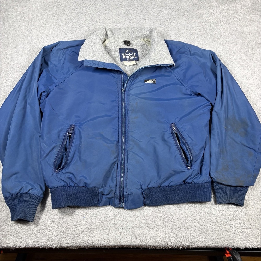 VINTAGE Woolrich Jacket Mens L Blue Fleece Lined Nylon Bomber USA Made Boxy